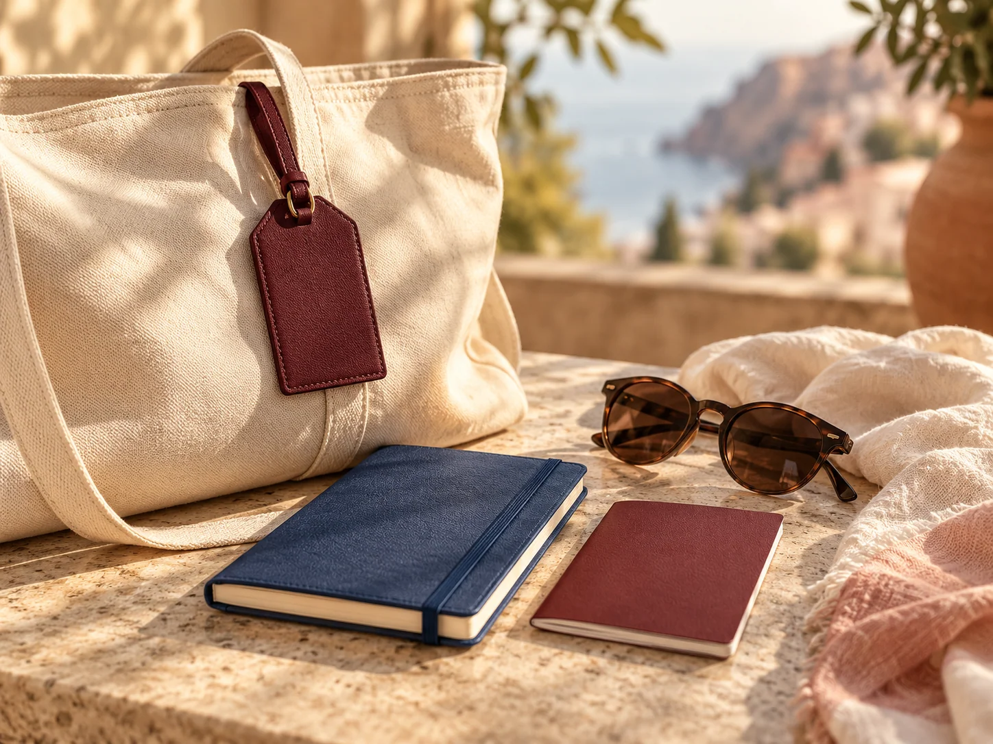 Objetos de viaje en tonos crema y borgoña, inspiración de la identidad de IA Travel